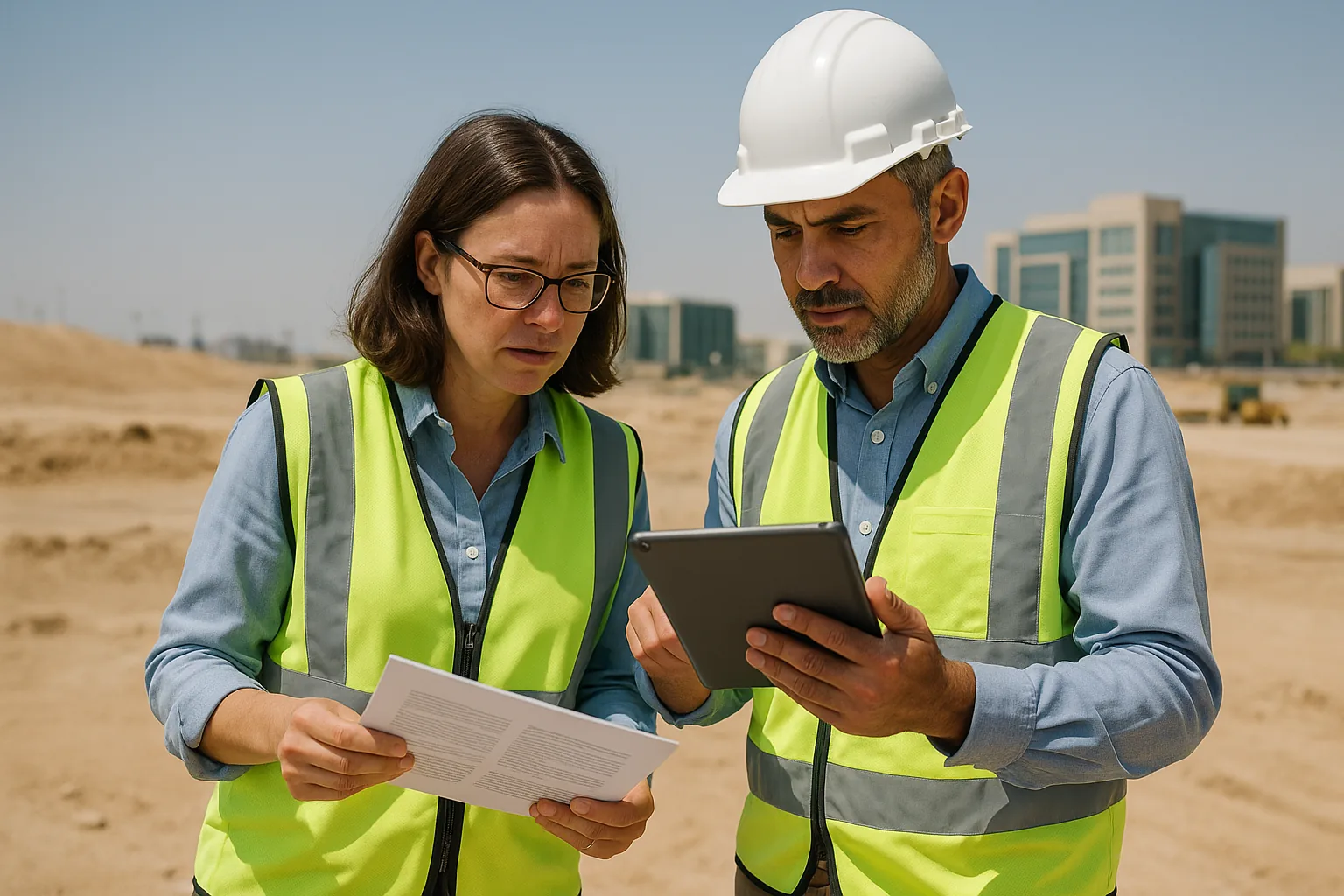 استشاريون هندسيون يراجعون تقرير تقييم بيئي في موقع مشروع بالسعودية