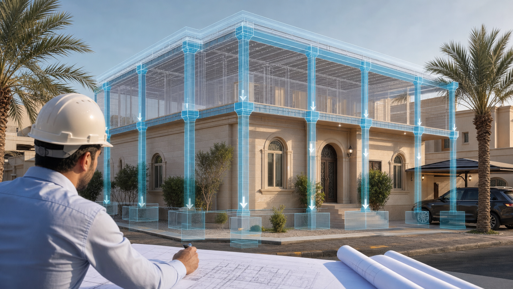 رسم هندسي توضيحي حول هل يمكن إضافة دور على مبنى قائم؟ دليل المهندس الإنشائي