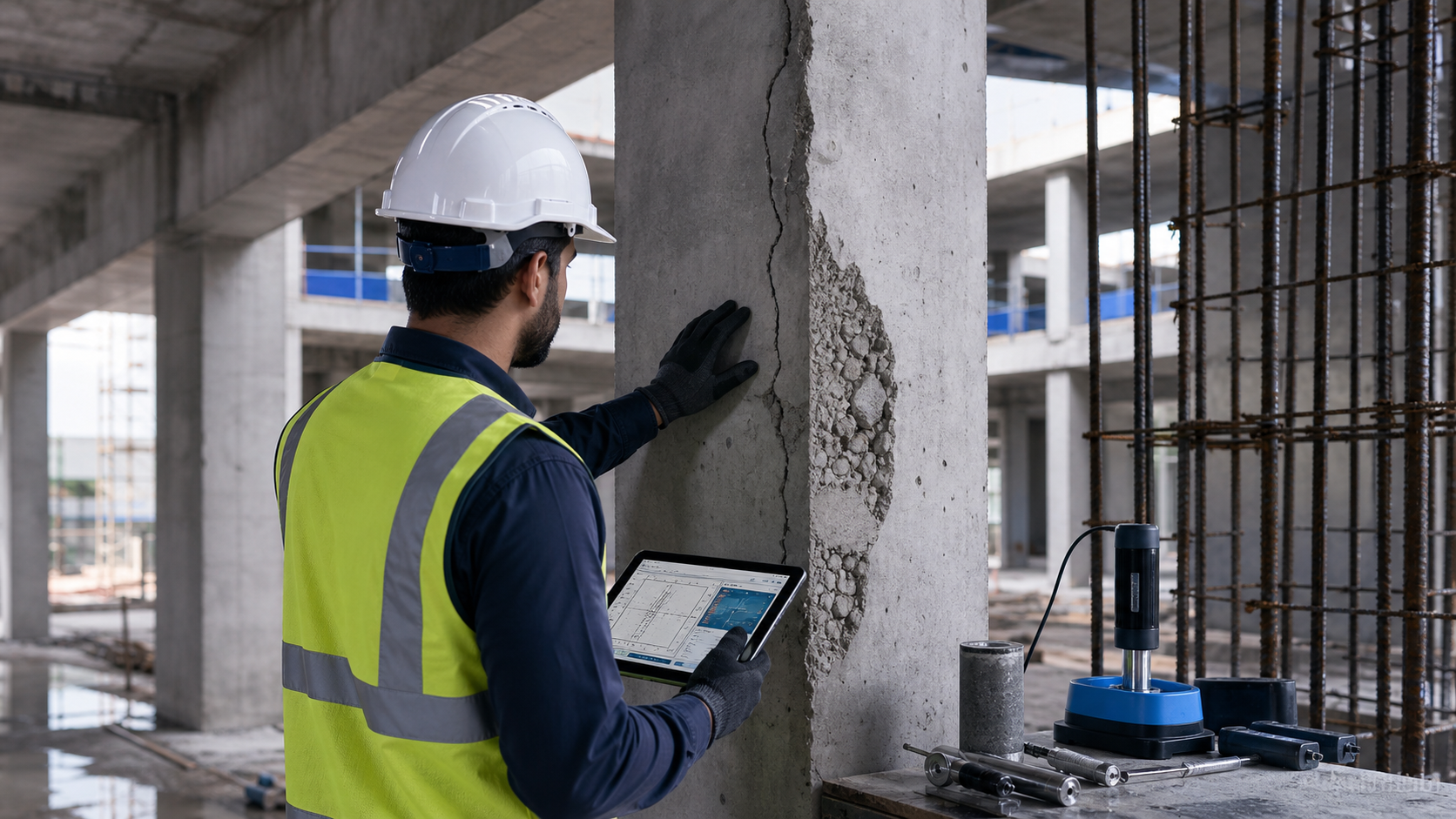 رسم هندسي توضيحي حول أبرز العيوب الإنشائية أثناء التنفيذ وكيفية اكتشافها مبكراً